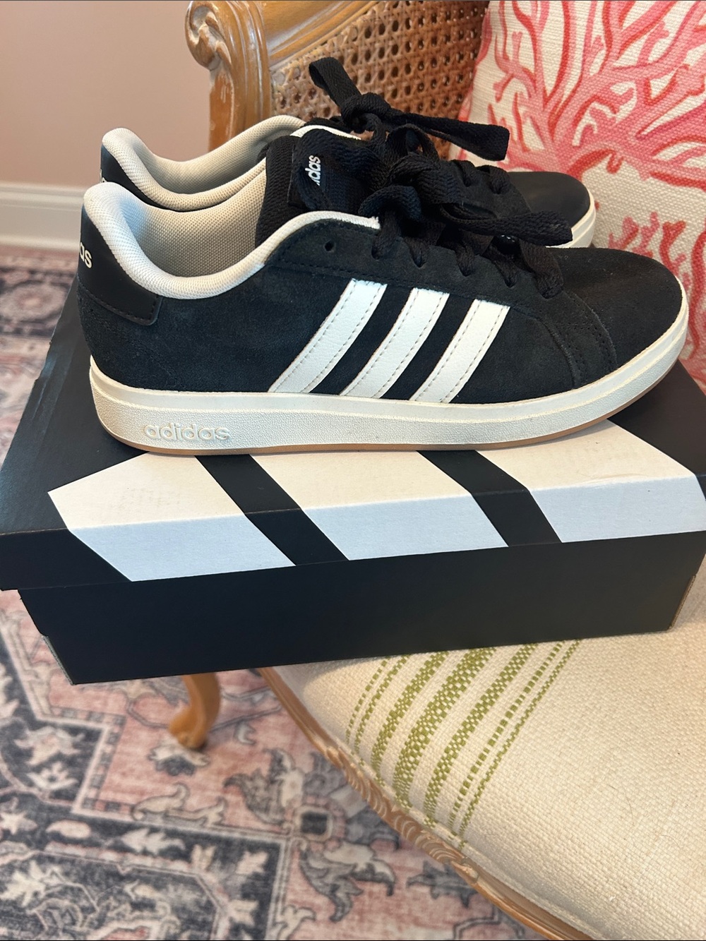 adidas  grand court- kids Black Suede Sneakers with White Stripes